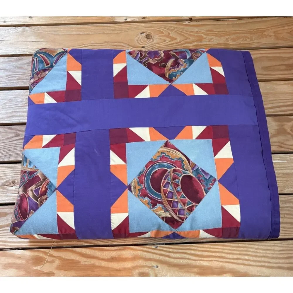 Vintage Handmade New Mexico Desert Pin Wheel Patchwork Quilt 78x64 Purple M7